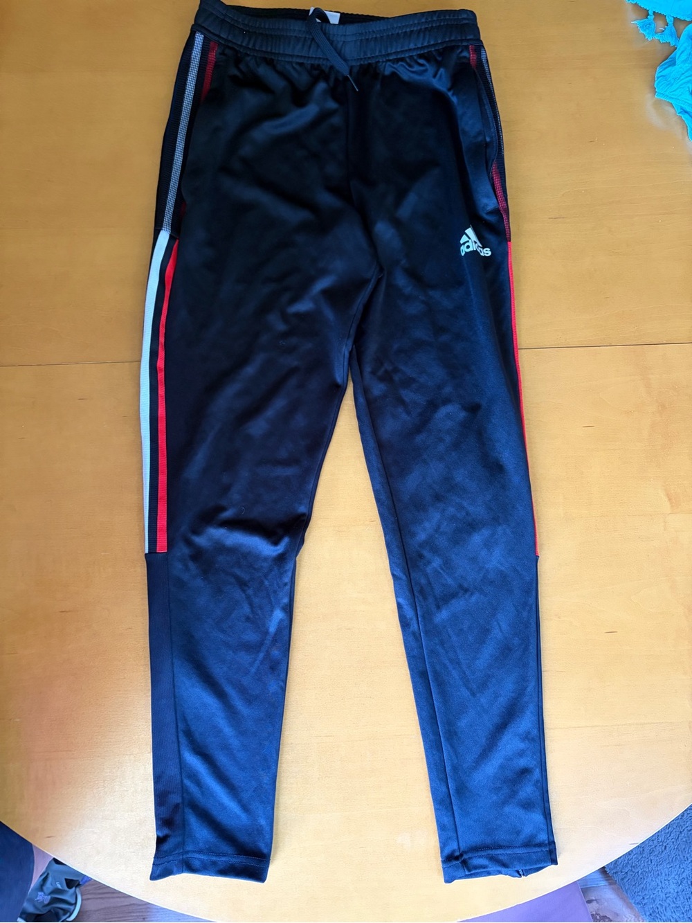 Adidas men’s Black Athletic Track Pants with Red, White and blue Stripe